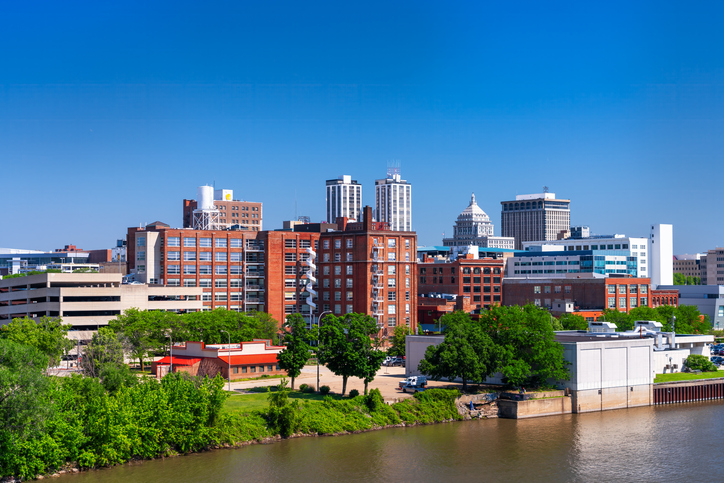 Peoria, Illinois, USA downtown skyline on the Lake