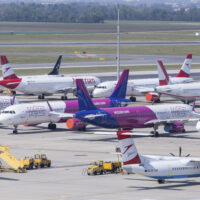 Airport ramp full with airplanes of competitors Ryanair, Lauda, Wizzair and Austrian Airlines