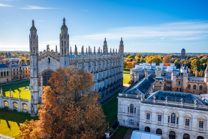 Aerial view of Kings College, in Cambridge city