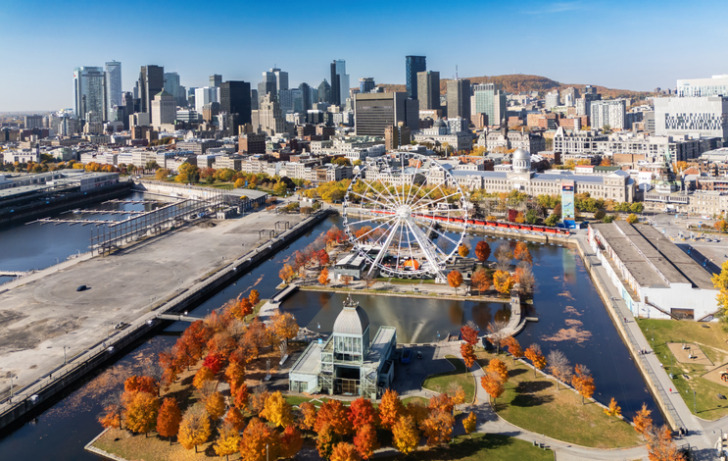Aerial view of Montreal Old Port in autumn