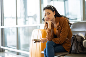 Unhappy young woman traveler disappointed with flight delay or cancelation while waiting at airport terminal, female tourist upset after receiving bad news when sitting at airline lounge.