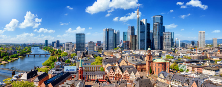 Frankfurt, Germany, with old town, river Main and the financial skyscrapers in the background