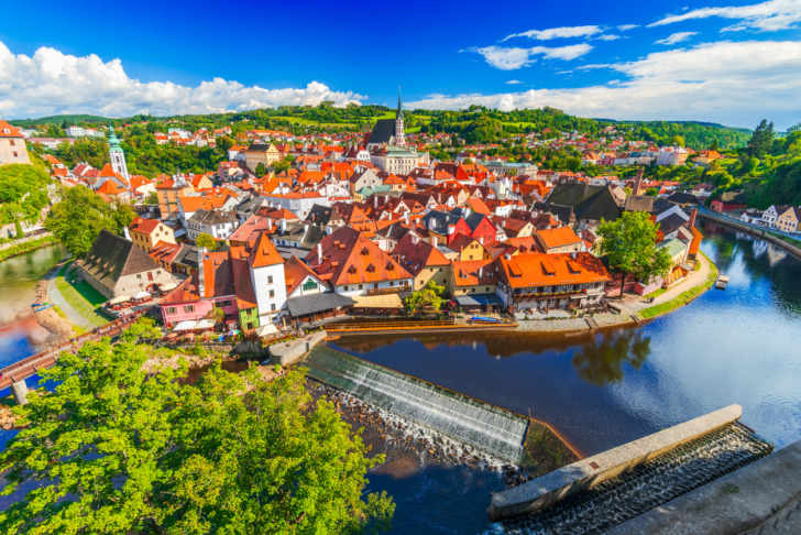 Cesky Krumlov, Czech Republic. View over the historical town and Vltava River, summer time in Bohemia.