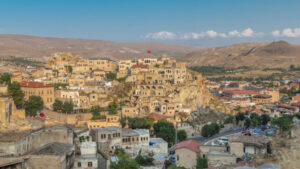 Urgup Town aerial view from Temenni Hill in Cappadocia Region of Turkey timelapse