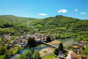 Bihac Town of Kulen Vakuf and Una river in Bosnia and Herzegovina. A view from above Kulen Vakuf with the view of Una River.