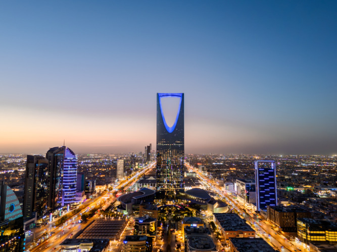 Aerial Drone Photo Taken at Dusk Over the Cityscape of Riyadh, Saudi Arabia