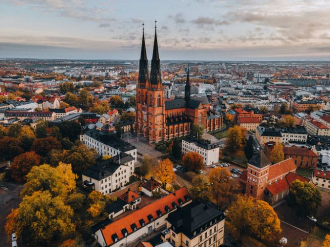 Aerial views of Uppsala Cathedral in Uppsala, Sweden