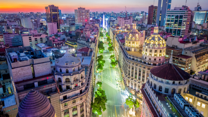 Aerial Drone Panoramic Above Buenos Aires City Center at Night, Plaza de Mayo and Microcentro, Business District