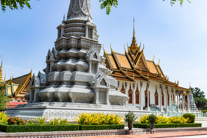 Silver pagoda and stupa shining in the royal palace of phnom penh