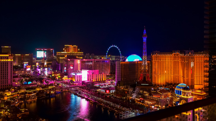 Las Vegas NV, United States - September 19, 2023: Aerial perspective of Las Vegas Strip illuminated at night featuring famous attractions and vibrant colors with copy space
