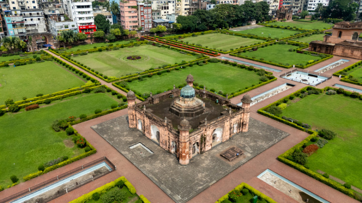 Aerial View of The Lalbagh Fort is a historic fort situated in the old city of Dhaka, Bangladesh. Historic Lalbagh Kella Surrounded by the Bustling, Colorful Cityscape of Old Dhaka.