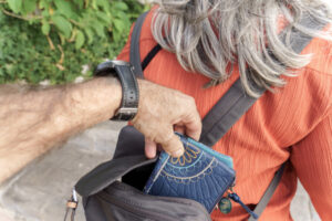 Pickpocket stealing wallet from backpack on street