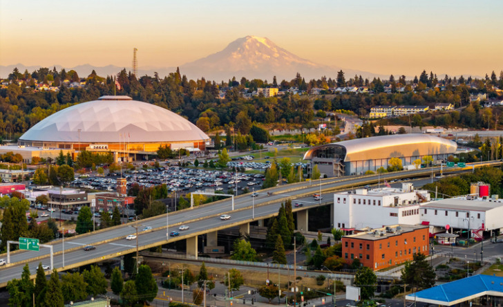 Panoramic Aerial Sunset View of Tacoma Skyscrapers with Mount Rainier
