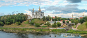 Panoramic view of Vitebsk city center with Holy Assumption Cathedral and Western Dvina river, Belarus