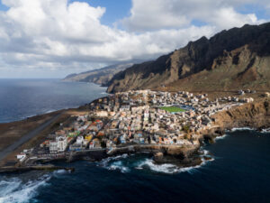 Porto Novo Aerial view of Porto Novo harbour and mountains Santo Antao
