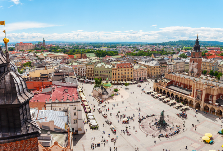 Aerial view on the central square and Sukiennice in Krakow.