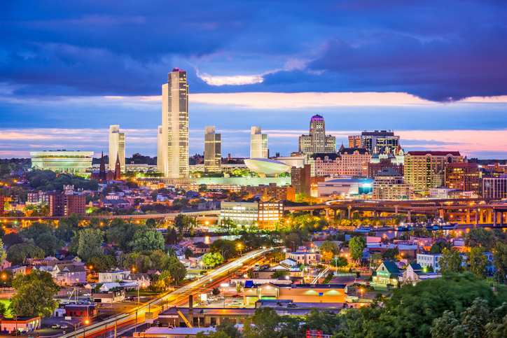 Albany, New York, USA city skyline at twilight.