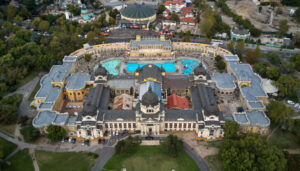 Szechenyi Baths in Budapest. aerial view of The biggest bath complex in Europe. Budapest, Hungary.