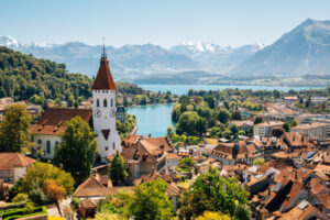Interlaken Thun cityspace with Alps mountain and lake in Switzerland