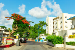 Holetown Colourful beachfront street with resorts in Barbados in the Caribbean