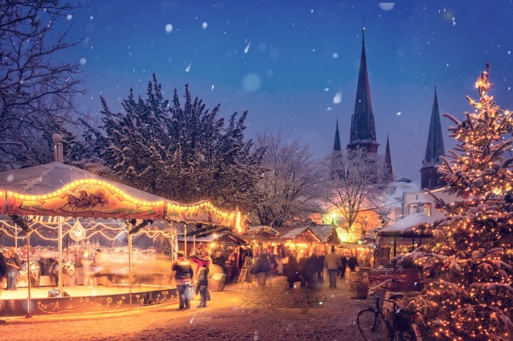 Illuminated snowy Christmas market