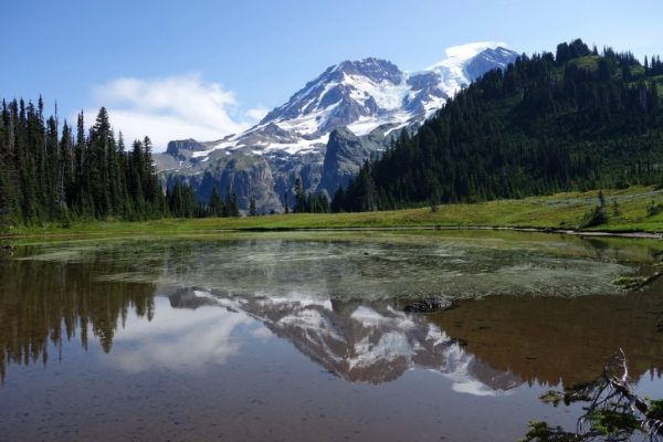 Snowy mountain reflecting in a lake