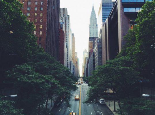 A street among tall buildings