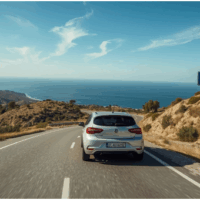 White sedan driving along a coastal highway