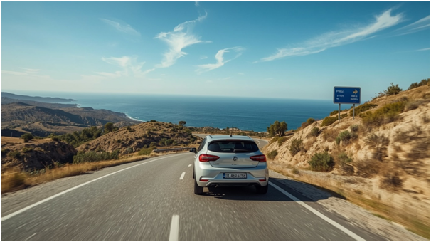 White sedan driving along a coastal highway