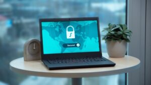 The laptop display features a prominent padlock icon indicating an active secure Virtual Private Network (VPN) connection