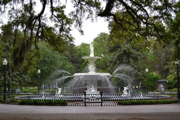 A fountain with a statue