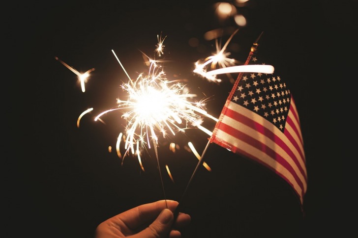 Sparklers and USA flag in hand