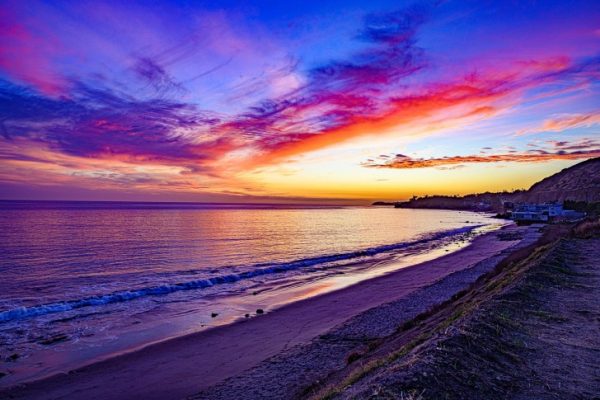 A beach at the sunset